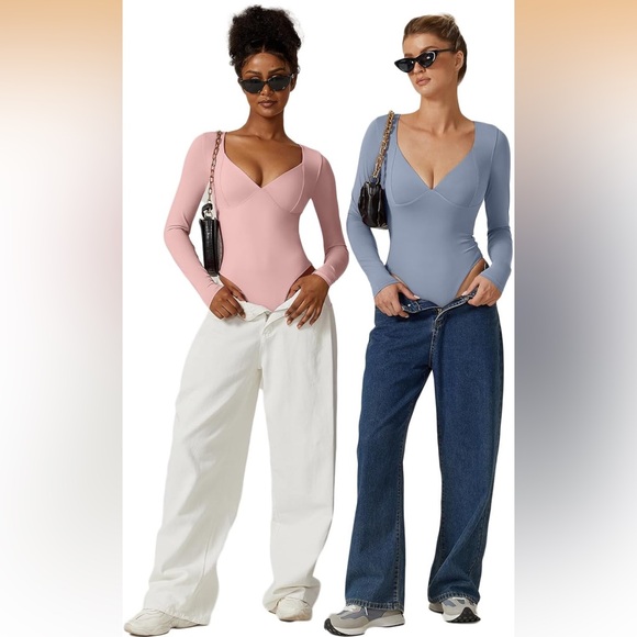 WomenLong Sleeve Bodysuit V Neck Body Suits Seamed Cup Going Out Tops Shirt L - Picture 3 of 4